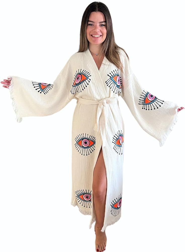 Handmade Evil Eye Kimono - Women Beach Cover Up - Festival Bohemian Robe - Boho Cotton Cardigan -... | Amazon (US)