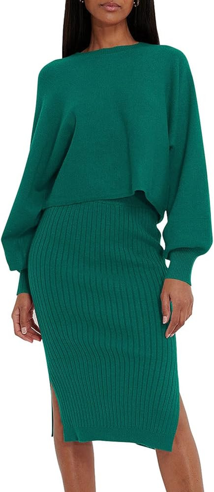 Pink Queen Women's 2 Piece Sweater Outfit Sets Puff Long Sleeve Knit Top and Bodycon Slit Midi Sk... | Amazon (US)