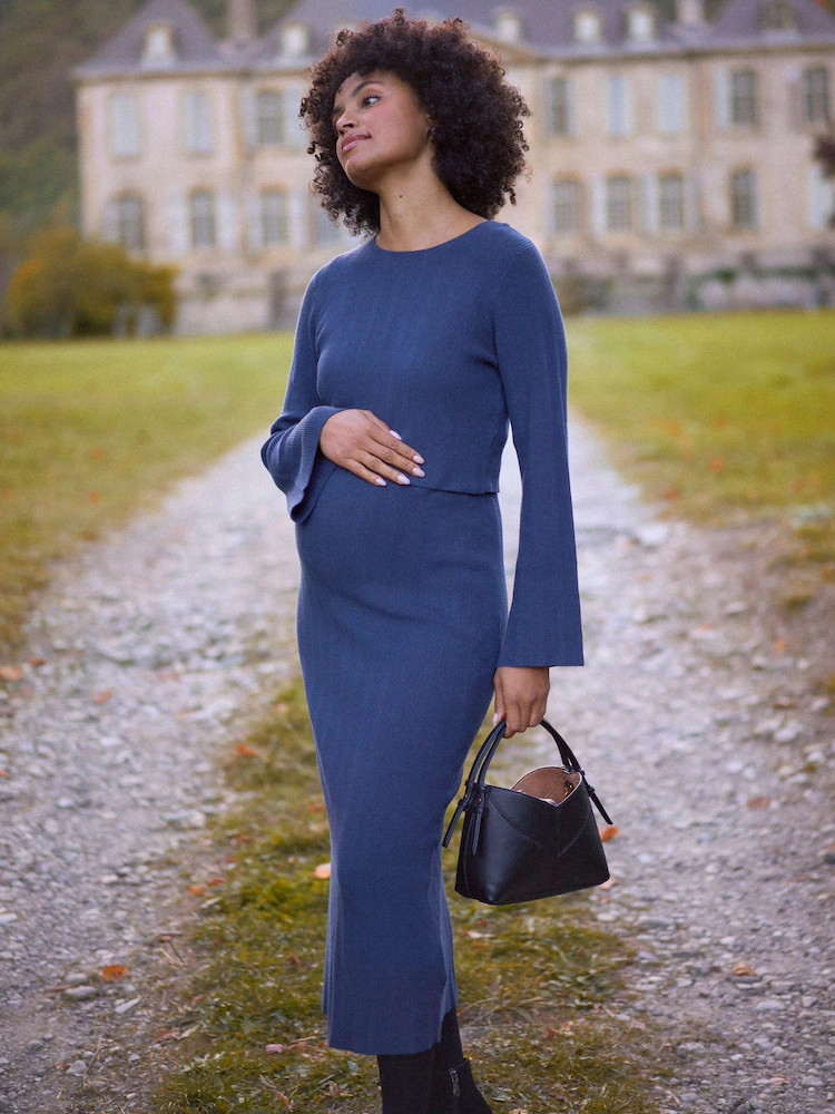 Seraphine Navy Blue Ribbed Knitted Maternity and Nursing Midi Dress | Next US