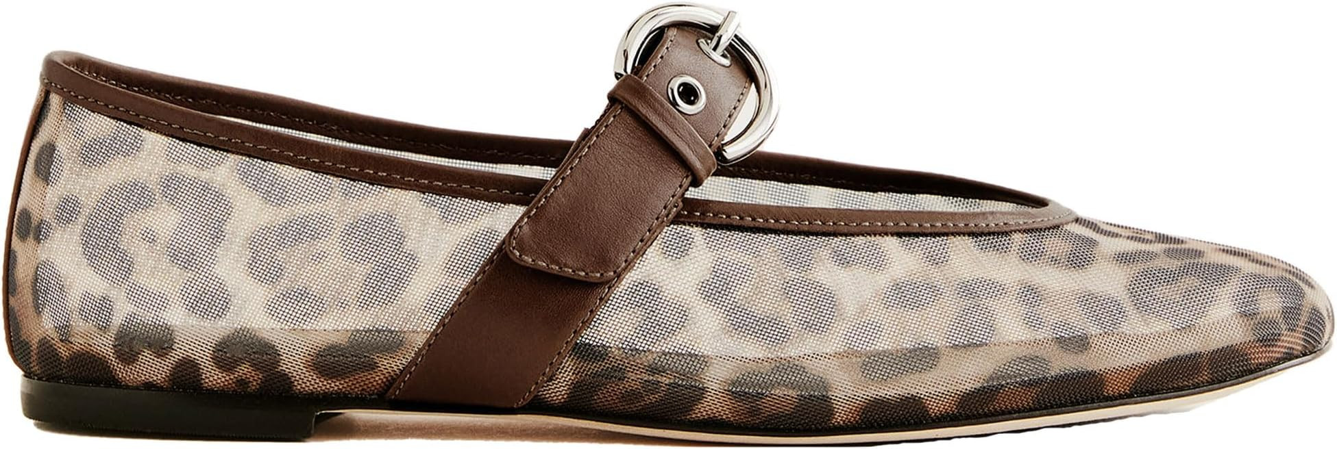 Leopard Mesh Ballet Flats for Women Animal Print Round Toe Mary Jane Flats Silver Buckle Comforta... | Amazon (US)