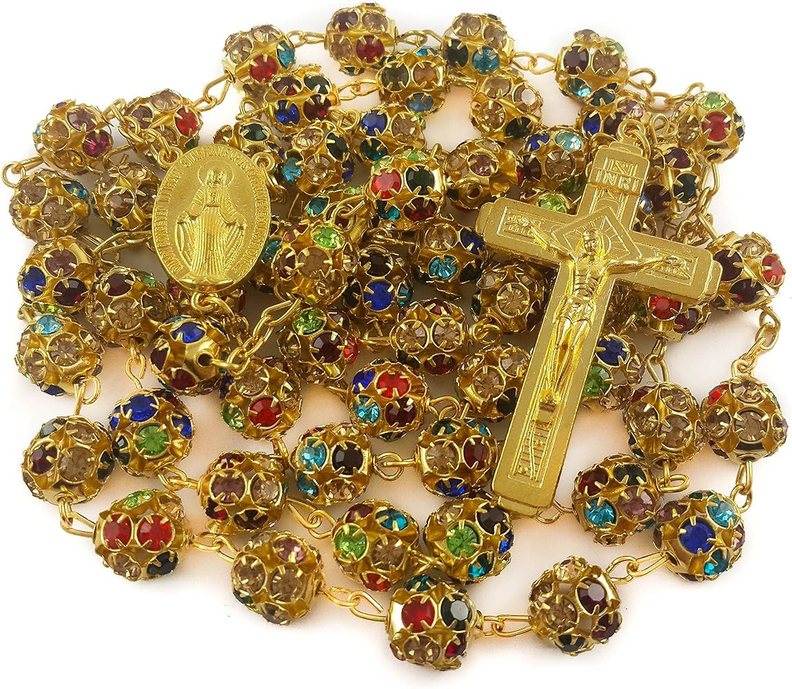 Nazareth Store Gold Plated Rosary Necklace with Colorful Crystallized Beads Miraculous Medal Cros... | Amazon (US)