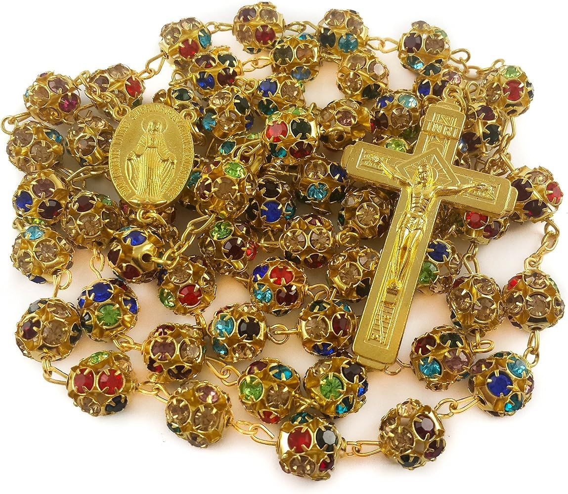 Nazareth Store Gold Plated Rosary Necklace with Colorful Crystallized Beads Miraculous Medal Cros... | Amazon (US)