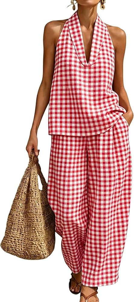 Yeokou Women's 2 Piece Set Outfits Plaid Tank Tops High Waist Wide Leg Pants Gingham Matching Lou... | Amazon (US)