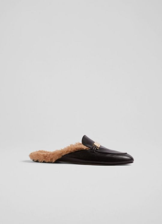 Louisa Black Leather Faux Fur-Lined Backless Loafers | L.K. Bennett (UK)