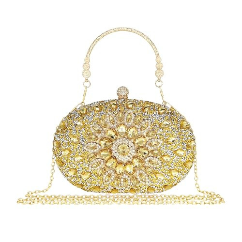 MAIRLOM Rhinestone Clutch Purses for Women Evening Wedding Formal - Round Pearl Clasp Handbag Crystal Gemstone Bag for Party Prom(Gold Clutch) | Amazon (US)