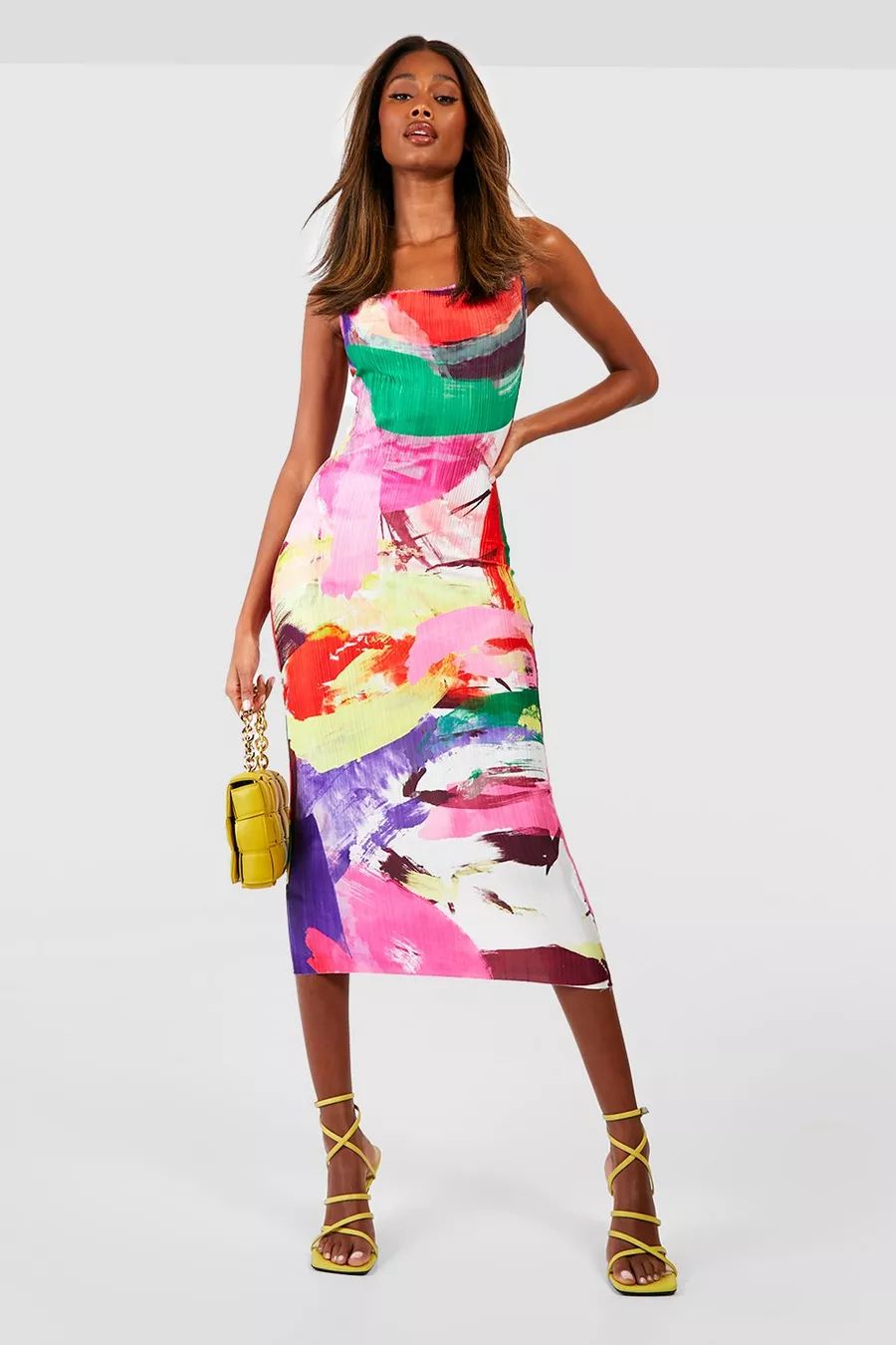 Abstract Plisse Cowl Neck Midi Dress | Boohoo.com (US & CA)