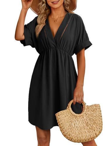 Dokotoo Summer Dresses for Women 2026 Hollow Out V Neck Short Sleeve Beach Vacation Clothes Swim Cover Up Bathing Suit Bikini Swimwear Swimsuit Coverup Hawaiian Flowy Tunic Sun Dress Black Large | Amazon (US)