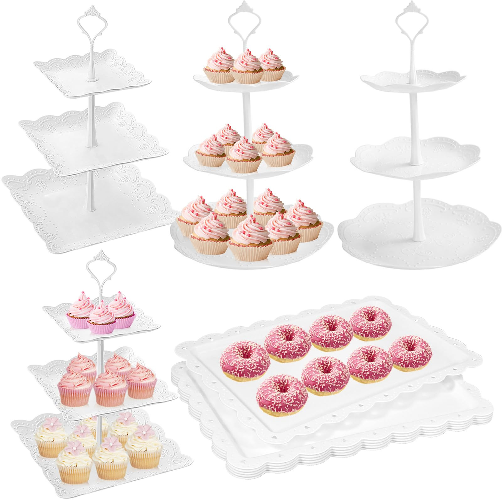 10 Pcs Cake Stand White Plastic Dessert Table Stand Set 4 Pcs 3 Tired Cupcake Display Stands Cook... | Amazon (US)