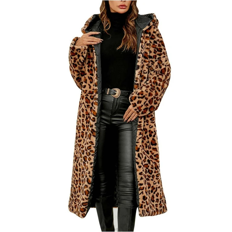 Women's Faux Fur Long Jackets Hooded Winter Warm Leopard Coats Oversized Open Front Cardigan Over... | Walmart (US)