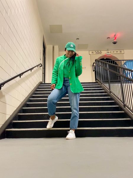 Seeing green! Green sweater, green blazer, green yankee fitted cap. 

#LTKSeasonal #LTKstyletip