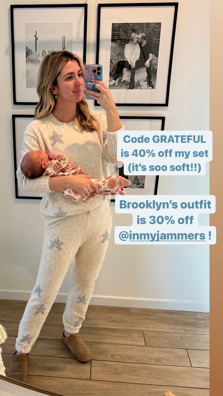 My cozy soft pj set runs tts and is 40% off with code GRATEFUL + Brooklyn’s baby zip up pajamas are 30% off this weekend!! Slippers are an Amazon find  

#LTKfindsunder100 #LTKCyberWeek #LTKsalealert