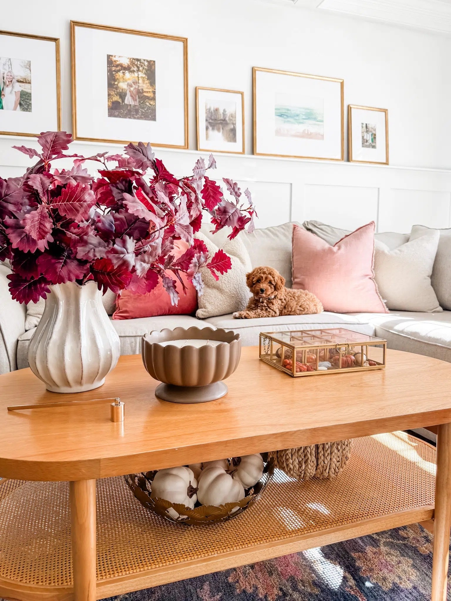 Fall coffee table decor
Faux oak leaf stems
Artificial fall stems
Pleated ceramic vase
5 wick footed scallop jar candle
Fall candle
Candle sniffer
Oval coffee table
Rattan coffee table
Glass trinket display box
Artificial white pumpkins
Rattan pumpkin
Gallery wall
Living room decor
Fall decor
Fall art print 
Wall art 

#LTKSeasonal #LTKHome #LTKStyleTip