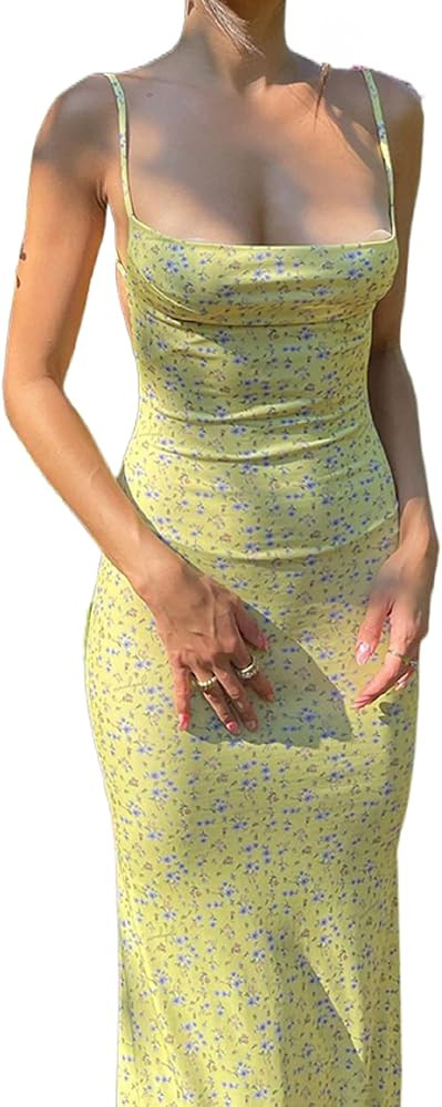 Argeousgor Y2K Floral Print Spaghetti Strap Bodycon Maxi Dress Deep V Neck Long Dress Sexy Backle... | Amazon (US)