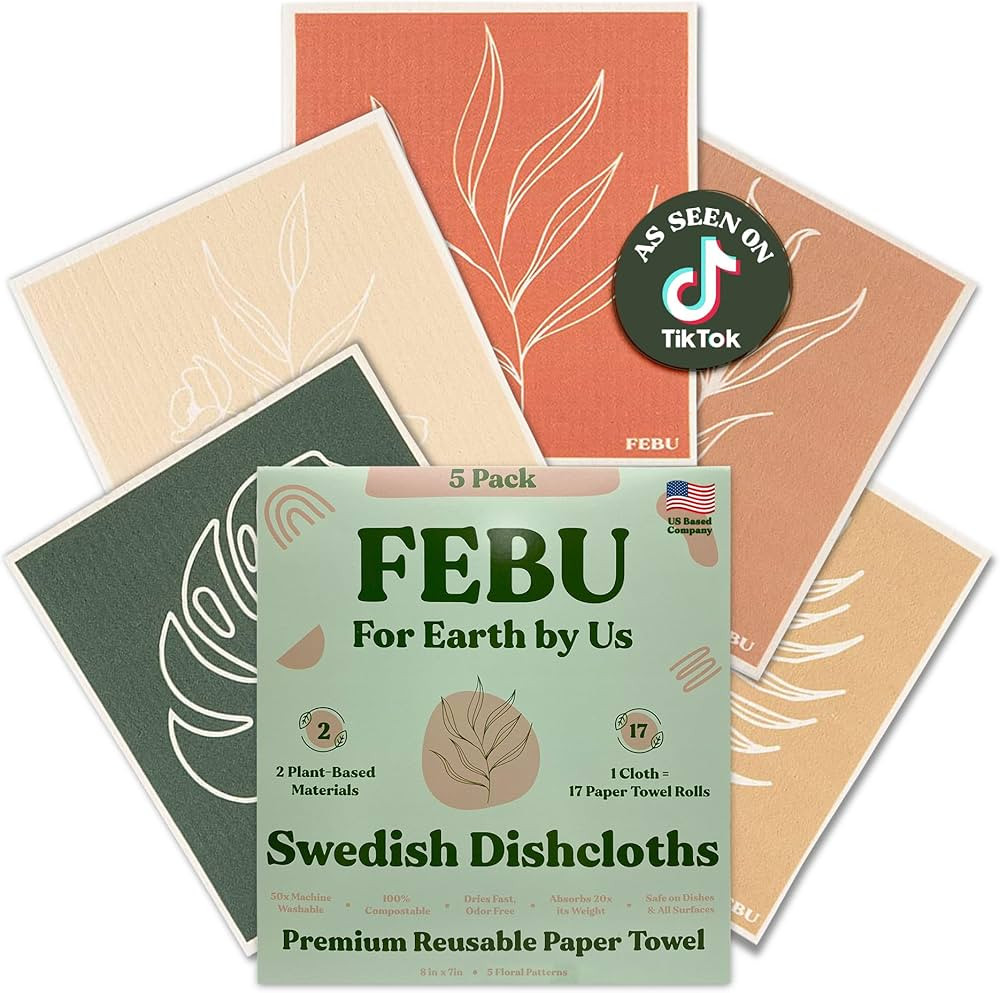 FEBU Swedish Dishcloths 5 Pack Cellulose Sponge Cloths Swedish Dish Towels | Amazon (US)