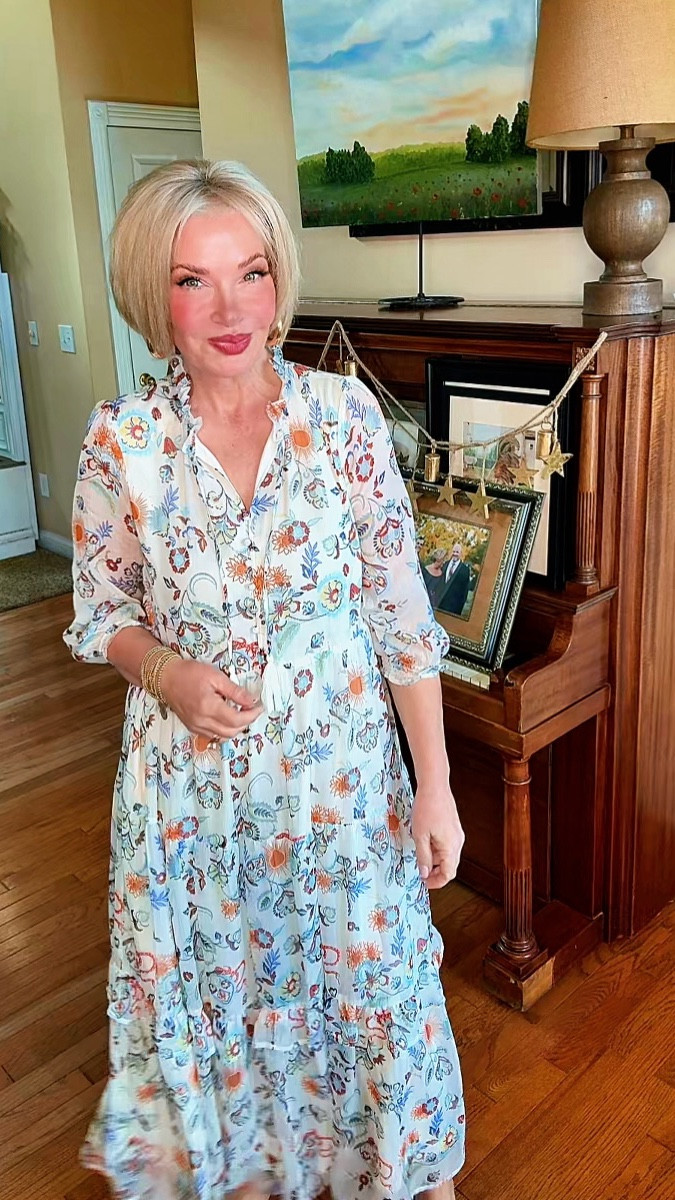 It’s that floaty, feminine silhouette that skims instead of clings. The watercolor floral feels vintage but not fussy, and that little ruffle at the neckline adds just enough charm without trying too hard. I love a dress that moves when you walk, and this one has that gentle sway at the hem that makes you feel like you’re gliding instead of stomping.

The sleeves are perfect too. Light, airy, and forgiving. We love forgiving.

#LTKootd #LTKSaleAlert #LTKSeasonal