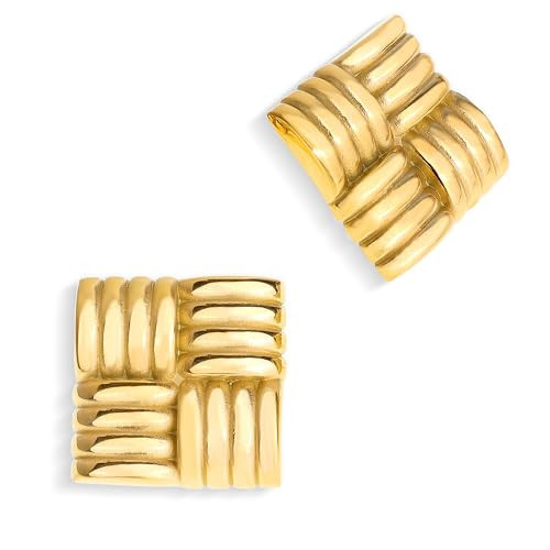 JeanBeau Chunky Gold Large Square Stud Earrings for Women, Trendy Statement Geometric Rectangle Textured Lightweight Hypoallergenic Earing Prom Fashion Jewelry Gift | Amazon (US)