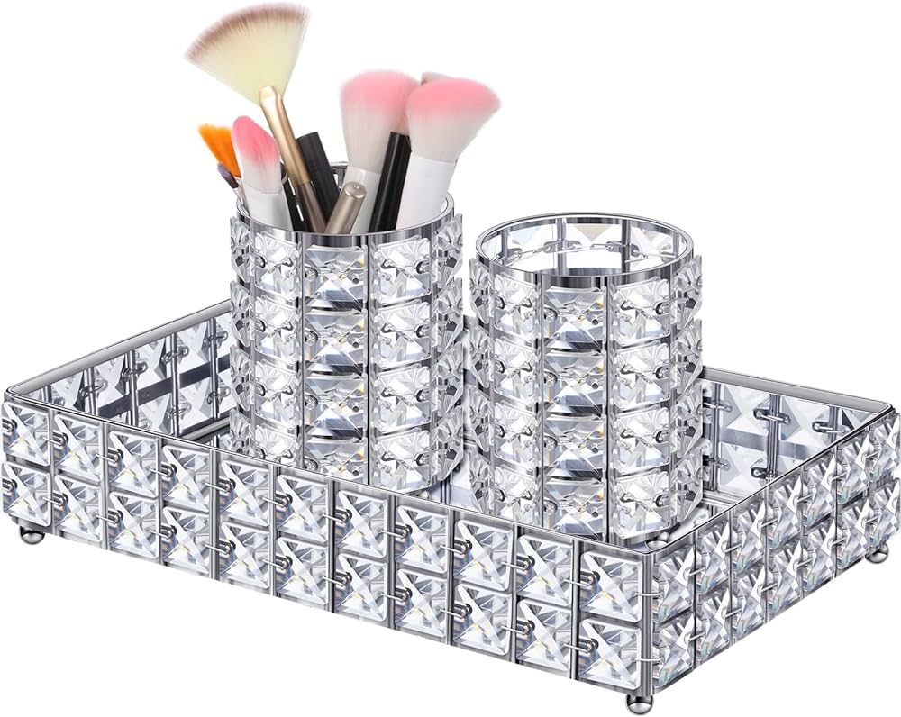 3 Pieces Crystal Makeup Brush Holder Organizer Vanity Makeup Tray Set, 2 Pcs Crystal Bling Cosmet... | Amazon (US)