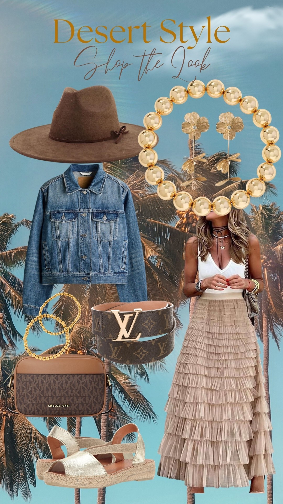 Feel like a desert getaway? I got you covered! Tulle khaki skirt, wide brim hat, gorgeous belt, gold Jewerly, MK bag and gold espadrilles! Yes please!!⭐️

#LTKover50style #LTKwinter #LTKtravel