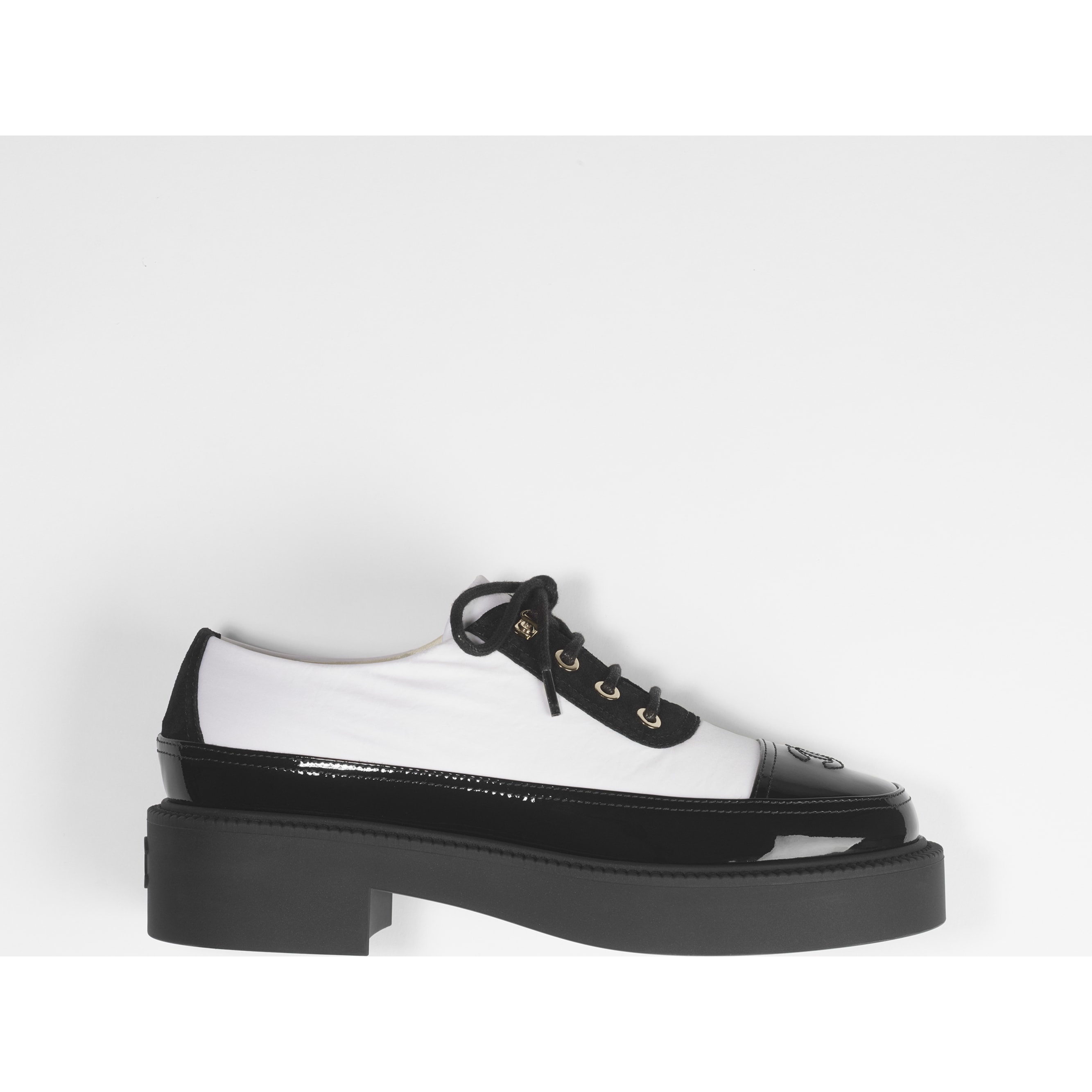 Nylon, Suede Calfskin & Patent Calfskin White & Black Lace-Ups | CHANEL | Chanel, Inc. (US)