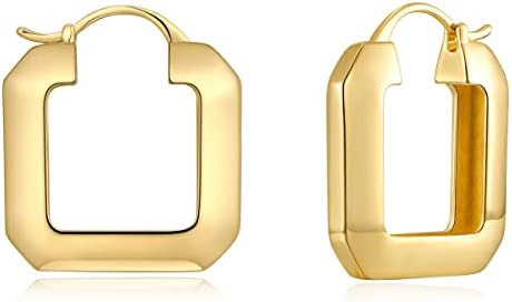 Gold Plated Huggie Hoop Earrings for Women Square Round Thick Hoop Earrings Jewelry Gift | Amazon (US)