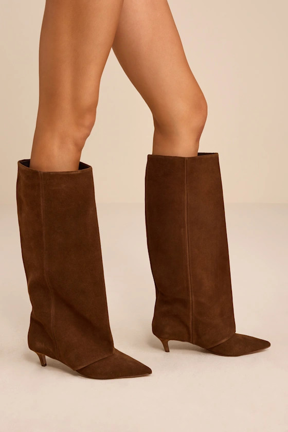 Luca Chestnut Suede Leather Slouchy Knee-High Kitten Heel Boots | Lulus