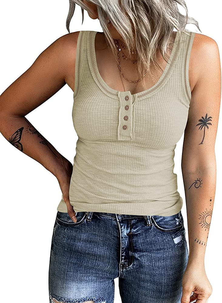 WAYMAKER Women's Sleeveless Racerback Henley Tank Tops Summer Ribbed Knit Button Down Slim Fit Ba... | Amazon (US)