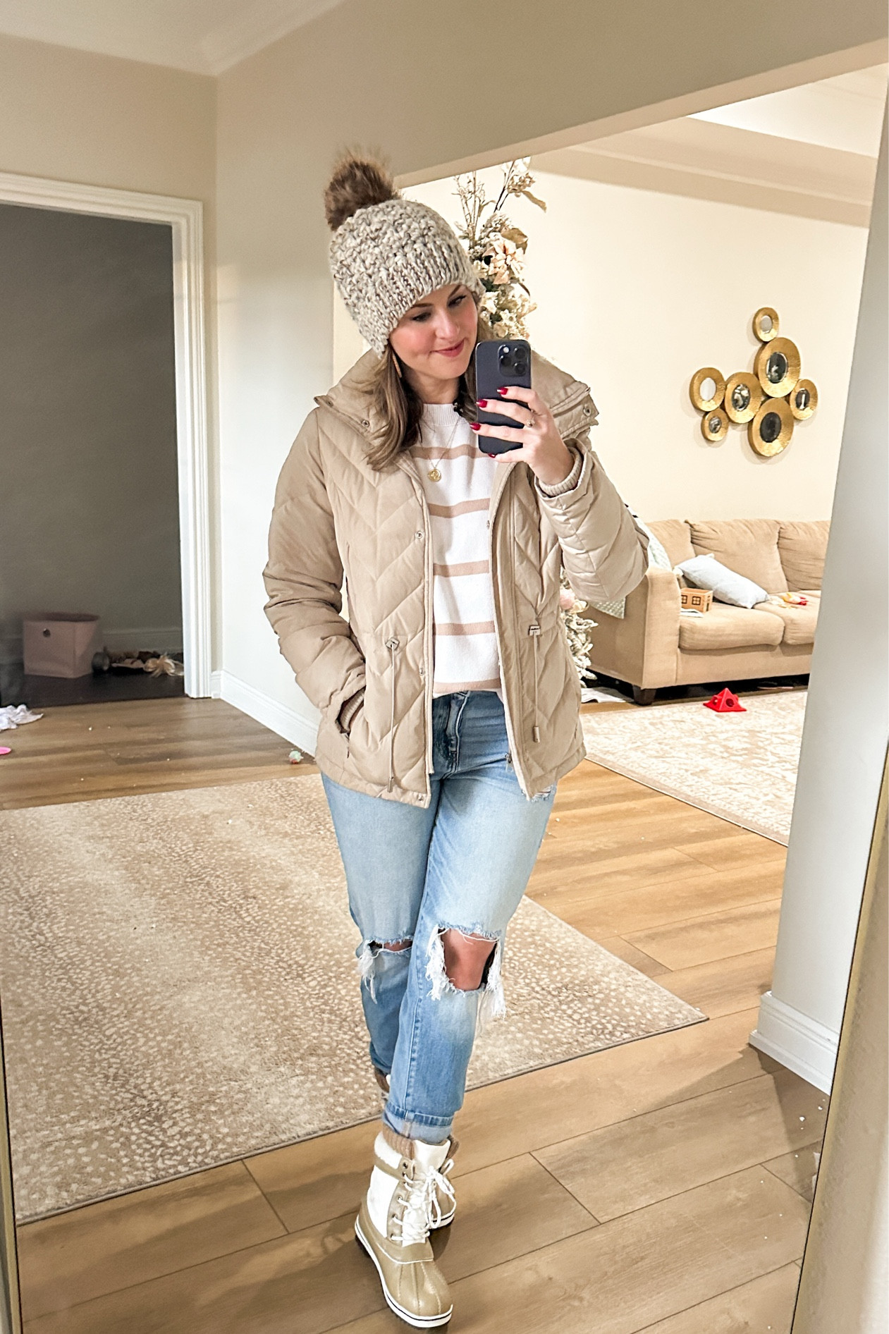 Casual Winter outfit I’m loving! Use pink lily promo code Dorothy20 for 20% off beige striped sweater and jeans! Jacket is older from Dillard, so linking a few similar options. Winter boots are from Amazon! I’d recommend getting one size bigger if you want to wear thick socks! 🧦 

Hallmark movie edition: headed to the local Christmas tree farm! ☺️
 

#LTKStyleTip #LTKSeasonal #LTKHoliday
