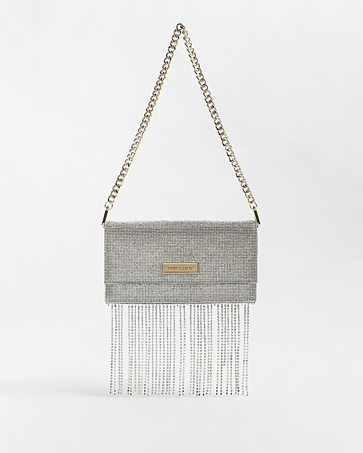 Silver diamante fringe clutch bag | River Island (UK & IE)