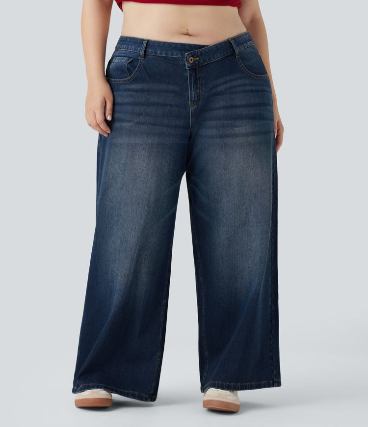 Plus Size Halara Flex™ Asymmetric Low Rise Wide Leg Washed Casual Jeans with Pockets | HALARA