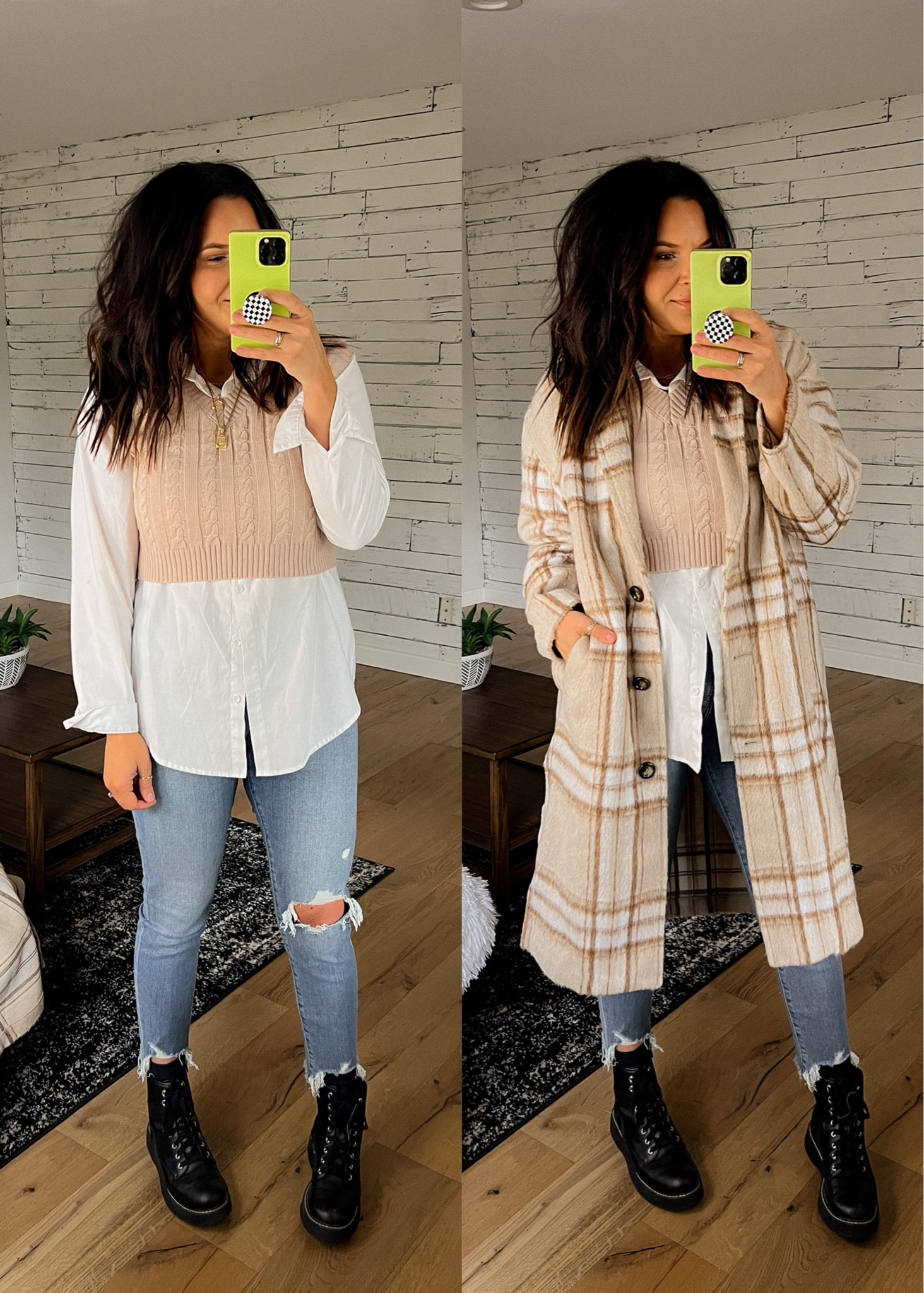 Skinny jeans fall preppy look with a sweater vest!  I feel so smart!

White button down: XL (size up for oversized look)
Sweater Vest: Large
Skinny Jeans: 30 (true to size with stretch)
Combat Boots: True to size
Long Plaid Coat: Large


#LTKSeasonal #LTKstyletip #LTKunder50