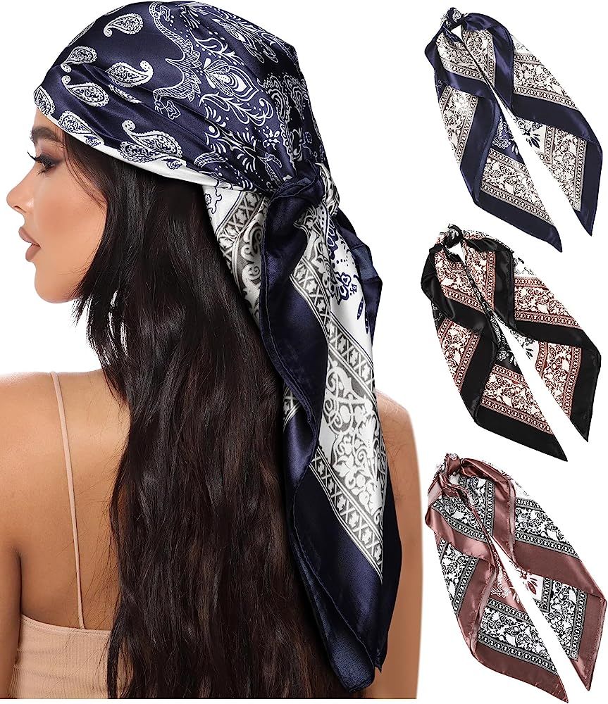AWAYTR 35” Large Square Satin Head Scarf - 3Pcs Satin Hair Scarves Silk Bandana Scarf Headscarf... | Amazon (US)