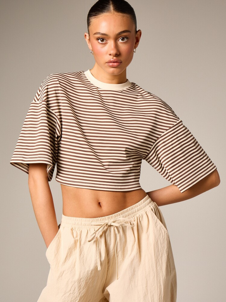 AiiRZ Cropped Striped T-Shirt With Round Neckline Short Sleeves Casual Relaxed Fit Tee Top | SHEIN