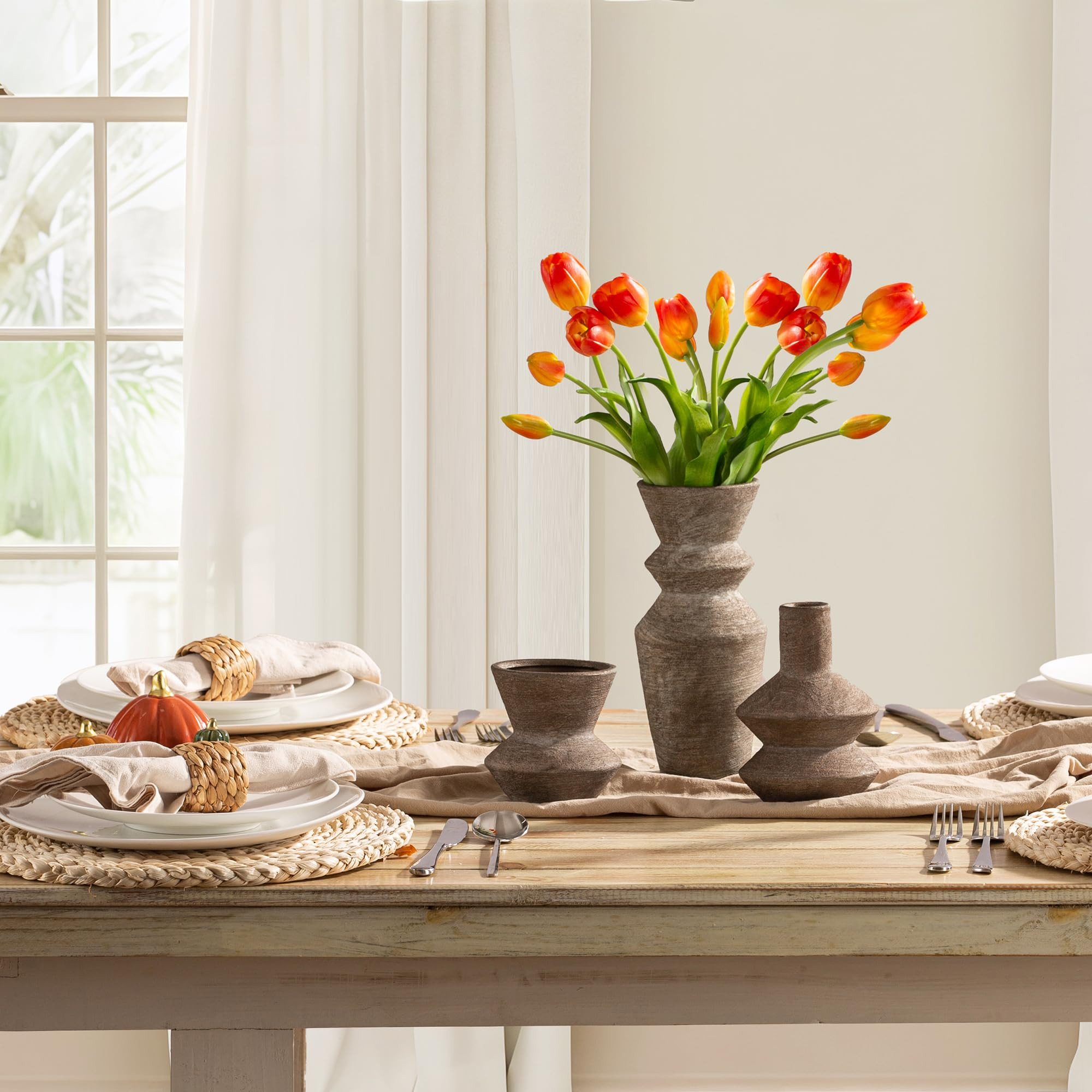 Ceramic Vase Home Table Decor - Brown Flower Vase Set of 3 Living Room Kitchen Decorations Farmho... | Amazon (US)
