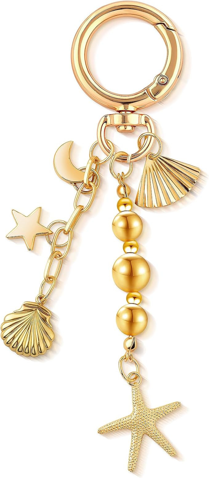 Gold Starfish Keychain for Women Girls Cute Shell Conch Bead Tassel Keyring Summer Beach Bag Char... | Amazon (US)