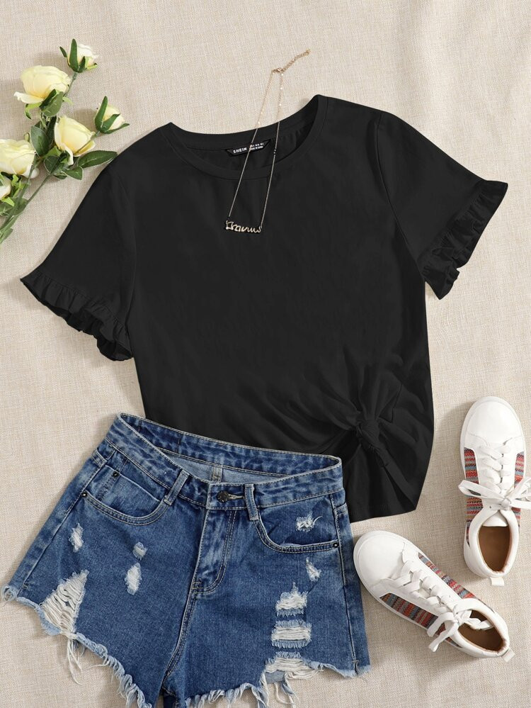Ruffle Cuff Solid Top | SHEIN