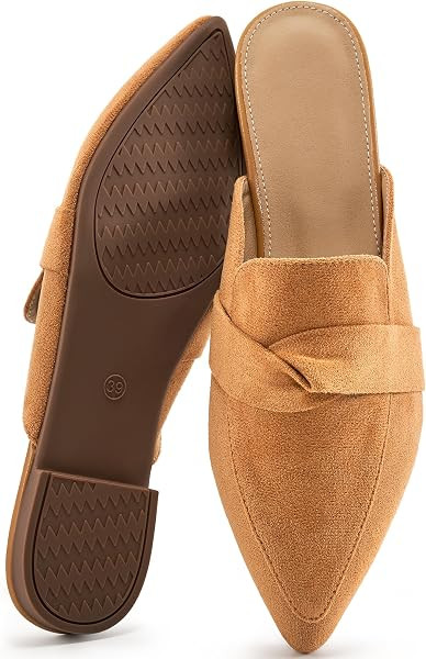 Flat Mules for Women: Pointed Toe Slip On Bow Backless Mules - Non Slip Cushioned Dressy Work Sho... | Amazon (US)