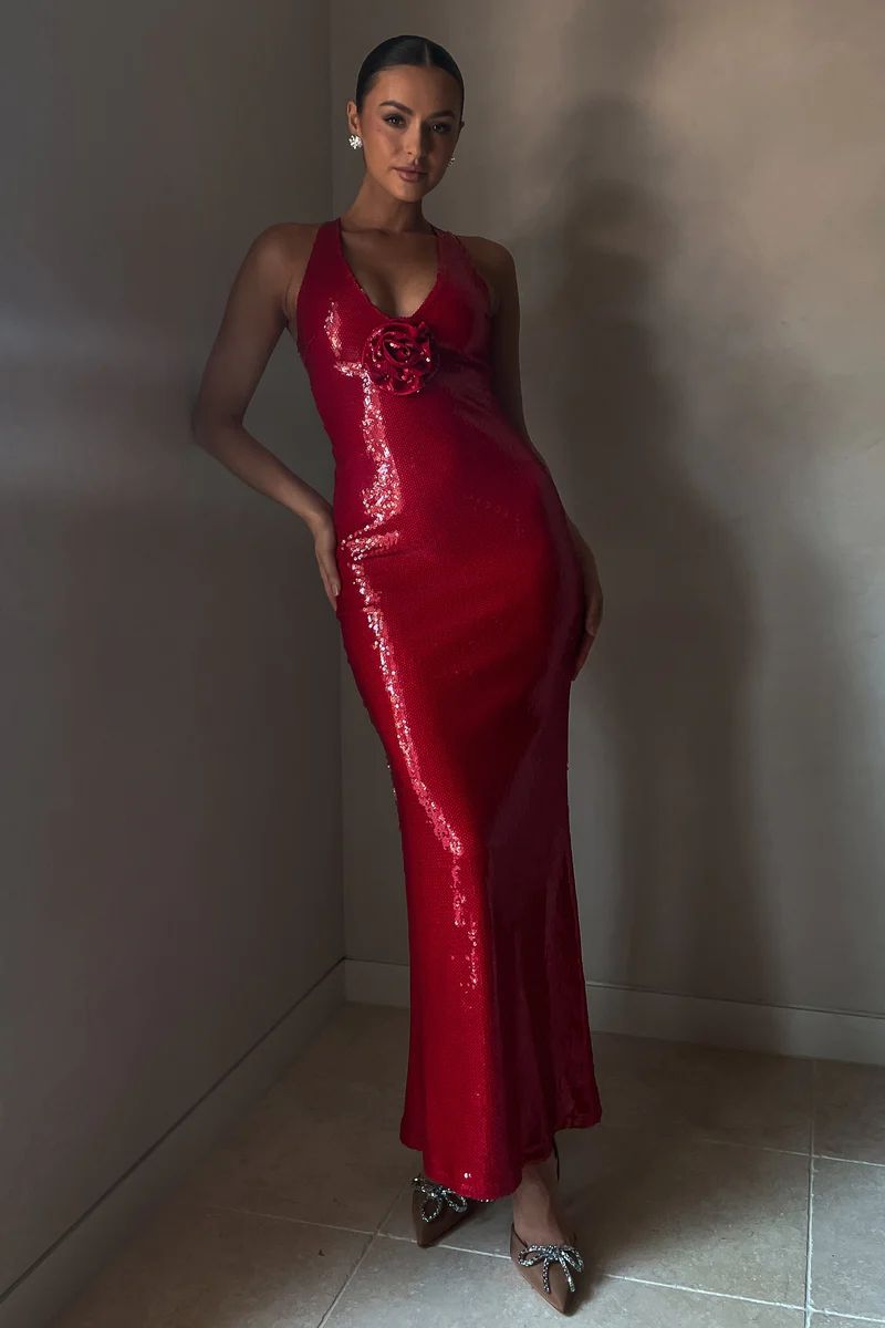 Eliza Rose Sequin Maxi Dress - Red | MESHKI US