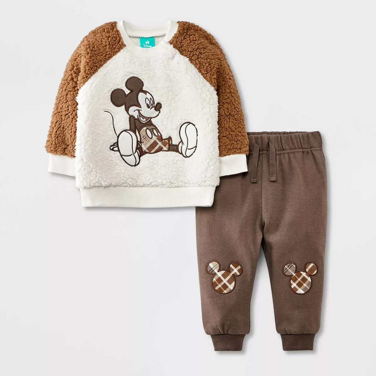 Baby Boys' Mickey Faux Shearling Plaid Patch Fleece Set - Brown 6-9M | Target