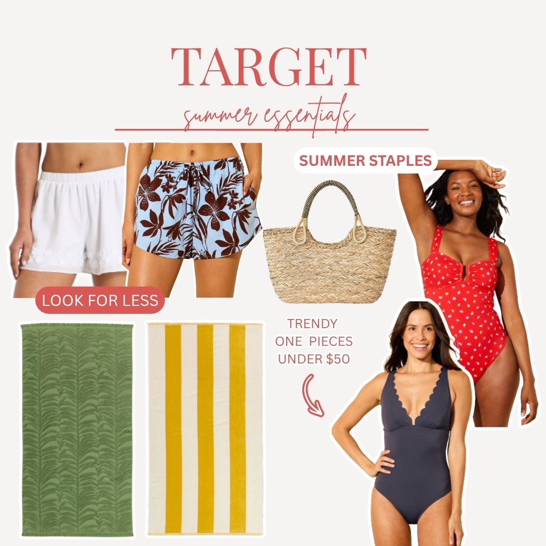 @Target summer essentials are here and the prices are genuinely incredible ☀️ White linen shorts, floral drawstring shorts, woven straw tote, trendy one pieces under $50, quilted beach towel and a cabana stripe towel — everything you need for summer and all so budget friendly. Linked right here!