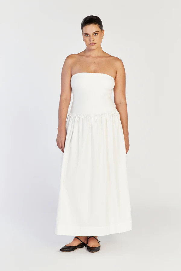 SOPHIE WHITE STRAPLESS MIDI DRESS | DISSH