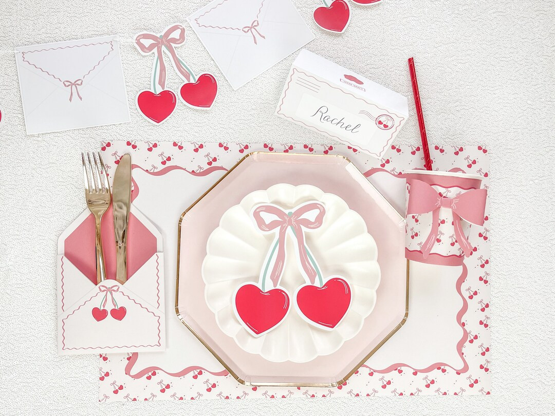 Bows & Cherries Place Setting Printables Valentines Day Party Valentines Day Breakfast Pink Ribbo... | Etsy (US)