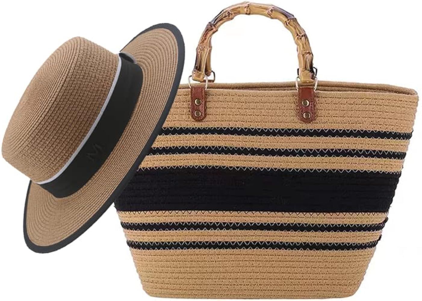 Women Straw Soft Large Tote Bag Retro Top Bamboo Handle Strip Beach Handbag Straw Hat 2 Set Summe... | Amazon (US)