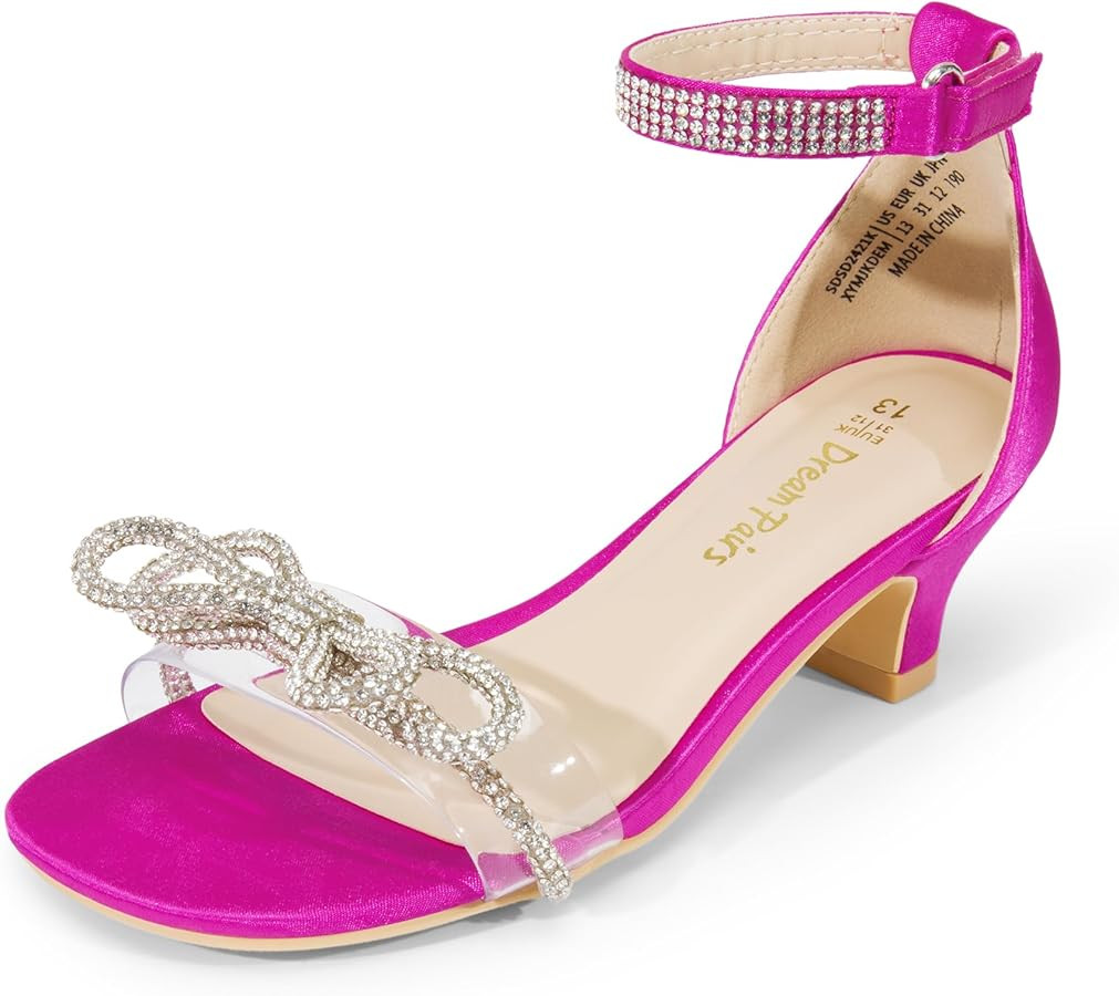 DREAM PAIRS Girls Sandals Ankle Strap Square Toe Low Heel Bow Flower Dress Shoes | Amazon (US)