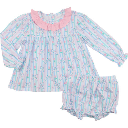 Pastel Striped Flower And Bow Knit Diaper Set | Cecil and Lou