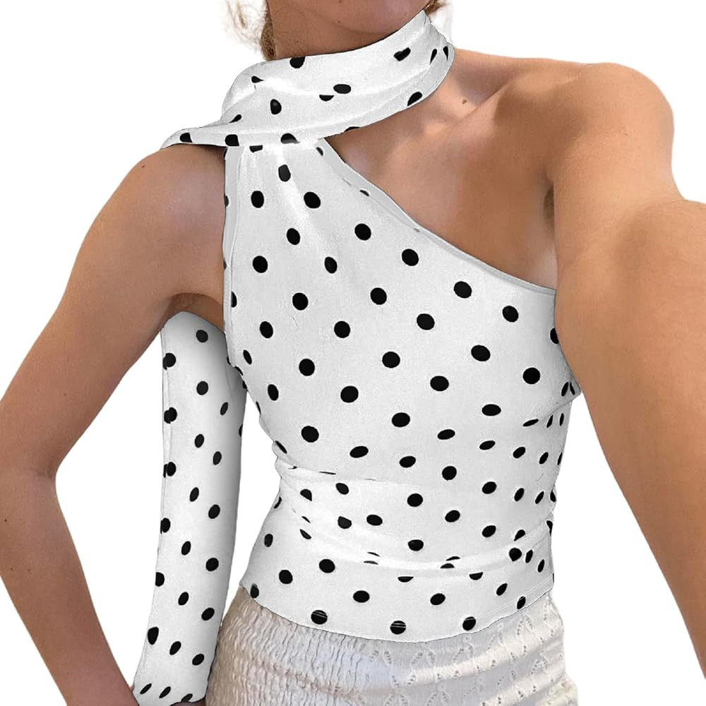 Women Polka Dot Tank Top Y2k One Shoulder Sleeveless Halter Crop Top with Scarf Backless Camisole... | Amazon (US)