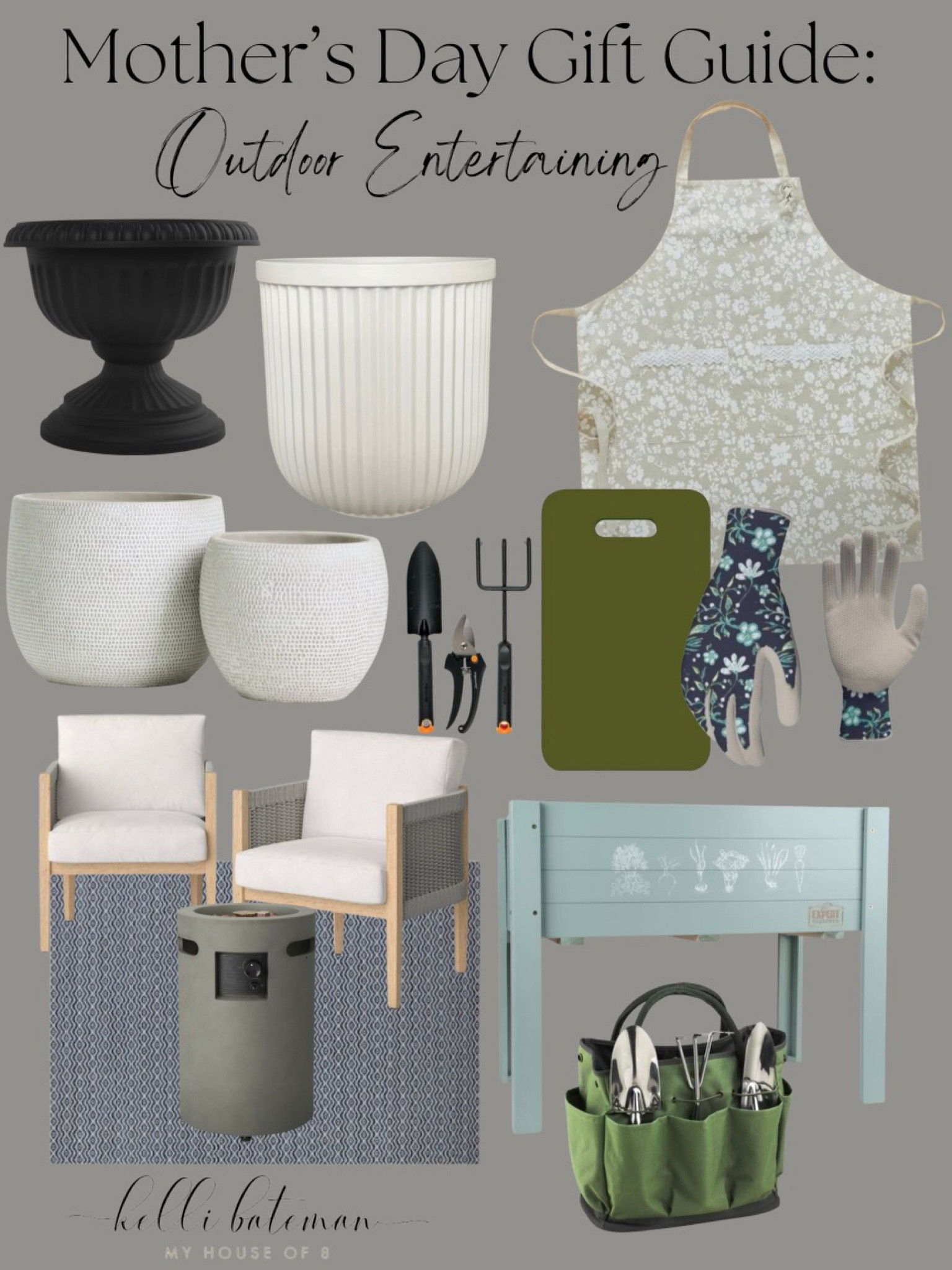 Outdoor Entertaining! 
Apron, outside chairs. Gardening tools, planters, outdoor fire column, outdoor rug.  

#LTKFind #LTKhome #LTKGiftGuide