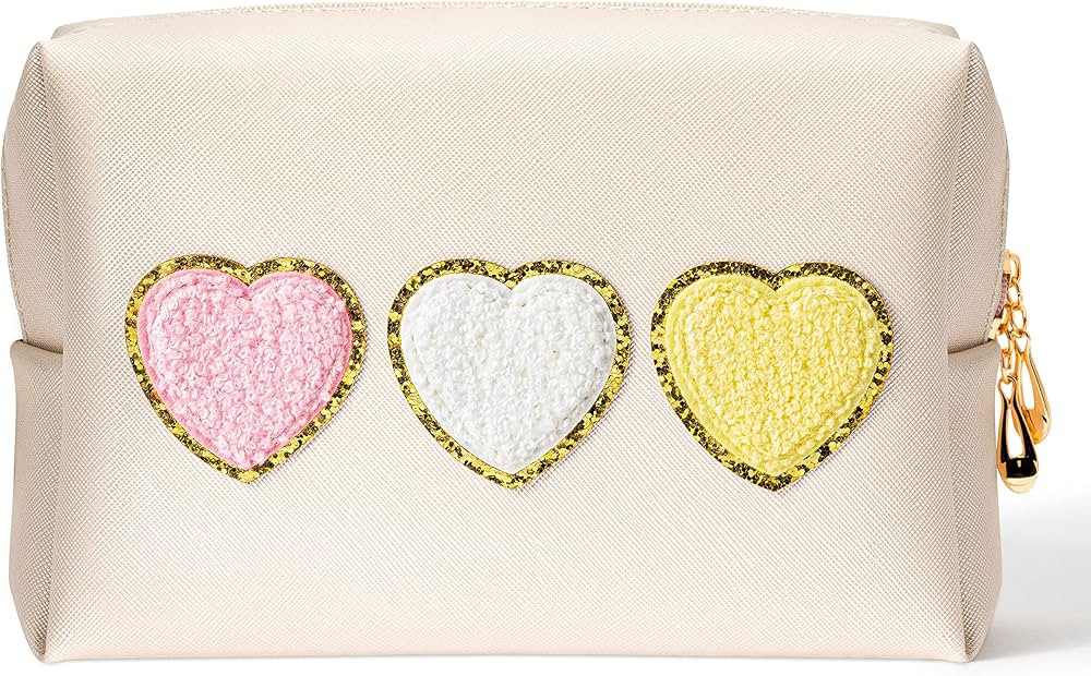 Preppy Patch Makeup Bag Heart Cosmetic Toiletry Bag Large PU Leather Portable Waterproof Travel T... | Amazon (US)