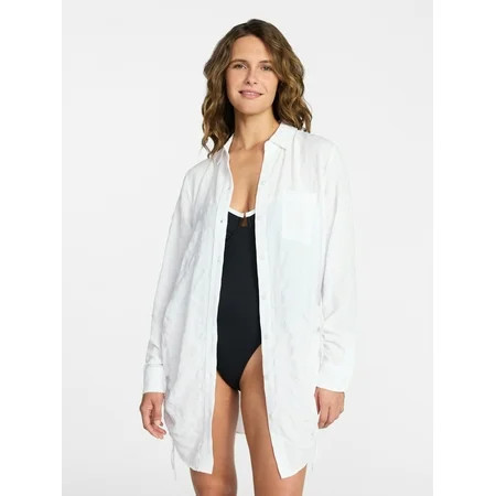 Time and Tru Women's and Women's Plus Size Essentials Convertible Button Down Shirt Coverup, Sizes XS-3X | Walmart (US)
