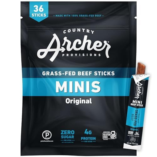 Country Archer Mini Beef Jerky Sticks - Grass Fed Beef Sticks Individually Wrapped, Mini Beef Sticks Bulk, Beef Jerky Snack Packs, Gluten Free, Paleo, Keto - .5 oz Meat Sticks (Pack of 36) | Amazon (US)