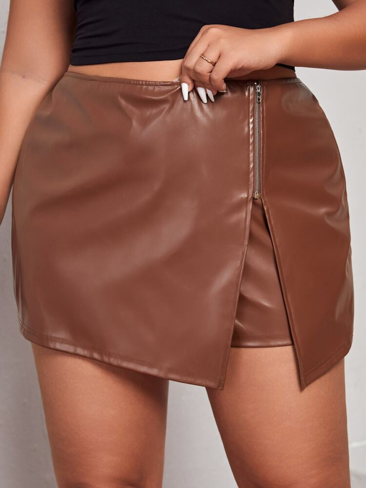 SHEIN Plus Zipper Detail PU Leather Skort | SHEIN